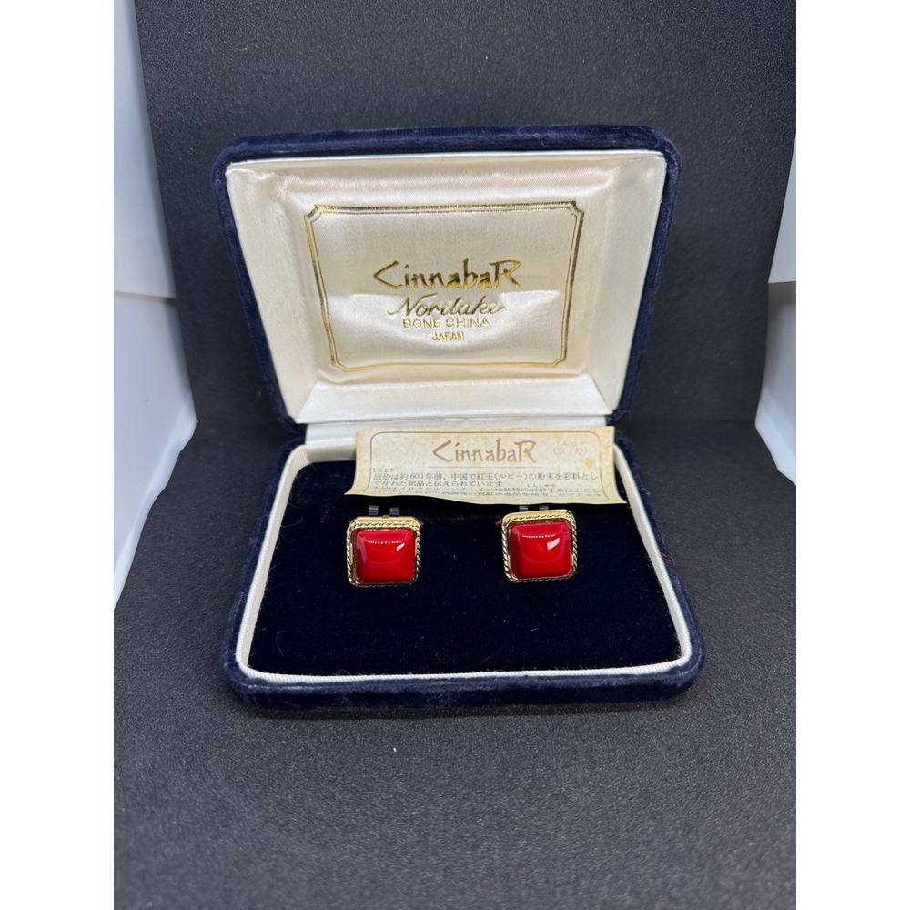 Cinnabar Noritake Cufflinks Red Cabochon‎ Gold Tone Mens Jewelry with Box